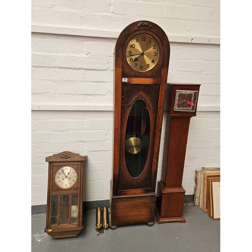 490 - A Vienna wall hanging clock, granddaughter clock and an oak cased grandfather clock with 2 weights a... 