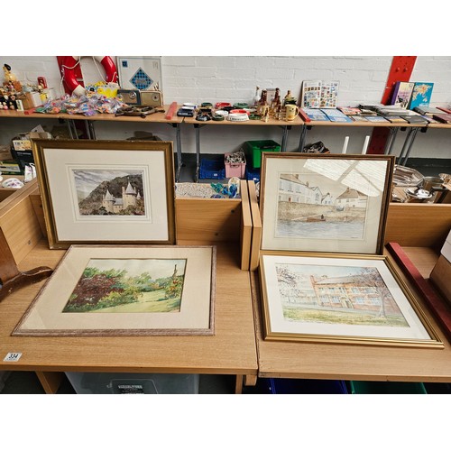 334 - Two wooden framed fire screens, framed watercolours - mostly Welsh - and prints and engravings