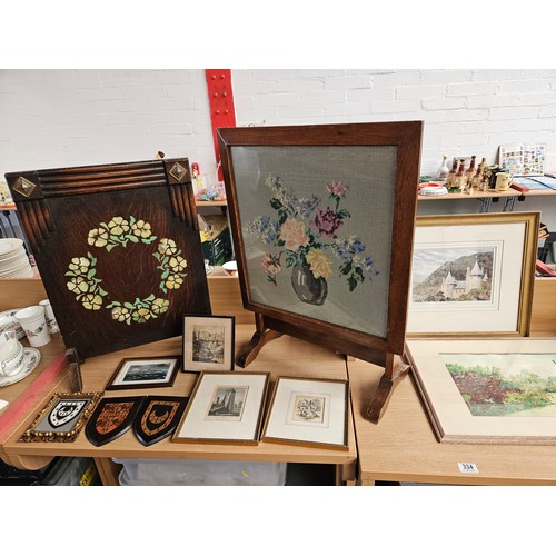 334 - Two wooden framed fire screens, framed watercolours - mostly Welsh - and prints and engravings