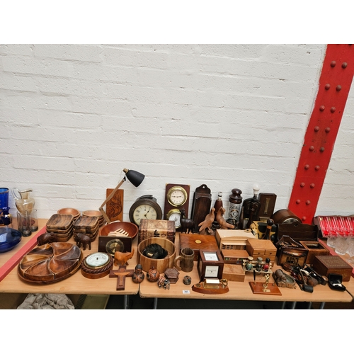 307 - A selection of treen/wooden items to include boxes, ornaments, clocks, lamps, etc