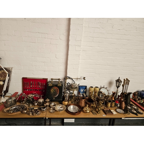 312 - A quantity of metalware to include ornaments, silver plated teapots, canteen of cutlery, brass compa... 