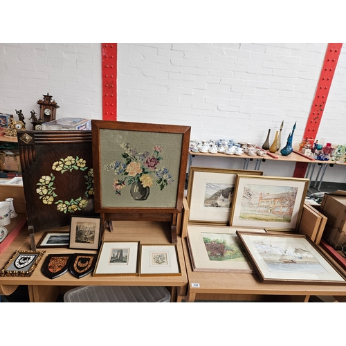 332 - Two wooden framed fire screens, framed watercolours - mostly Welsh - and prints and engravings