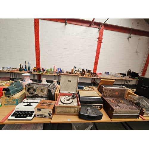 334 - 3 reel to reels, an Olympia typewriter, Bose radio with controller, Monarch turntable, etc