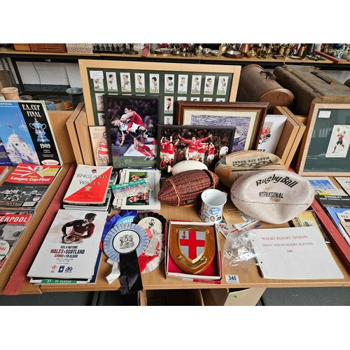 340 - Rugby Union - variety of interesting items. Features WRU 1981 card collection / 1929 framed Wil's Ru... 