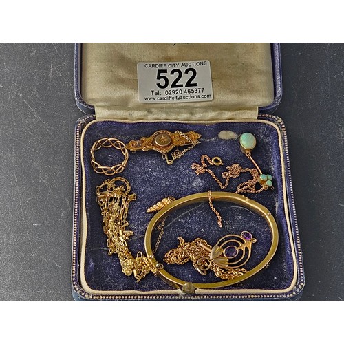 522 - 9k gold sweetheart brooch, pendants, chains, ring, etc - all XRF tested. Weight including a few ston... 