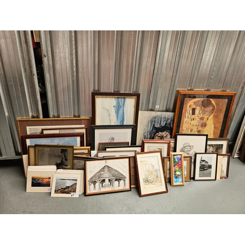 431 - A quantity of framed pictures and prints to include sketches, maps, photos, etc