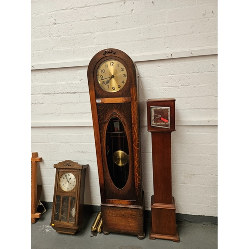 458 - A Vienna wall hanging clock, granddaughter clock and an oak cased grandfather clock with 2 weights a... 