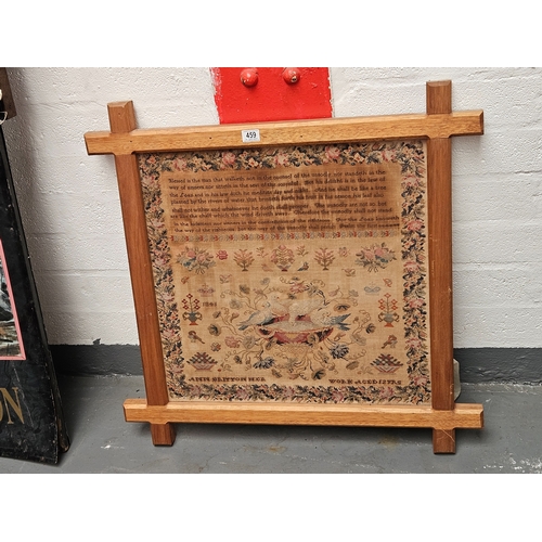 459 - An early framed sampler dated 1841