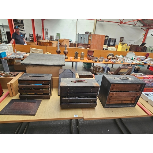 527 - Three wooden sets of engineers drawers with all drawers containing engineers tools - one four drawer... 