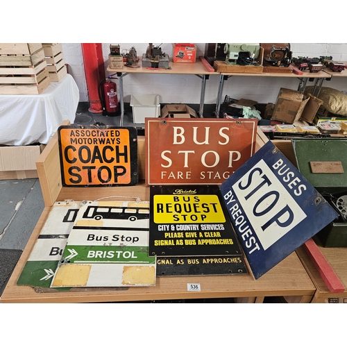 536 - Six vintage bus stop signs - four being metal and two board