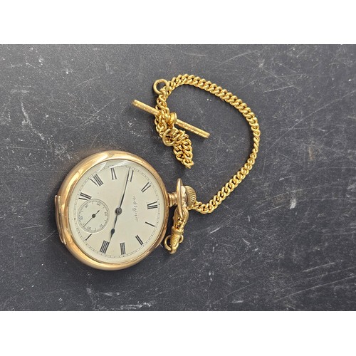 812 - An Elgin gold plated pocket watch and chain - appears to work but no guarantee