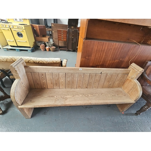 602 - A pitch pine pew

Measurements: Height 94cm, Width 183cm, Depth 48cm