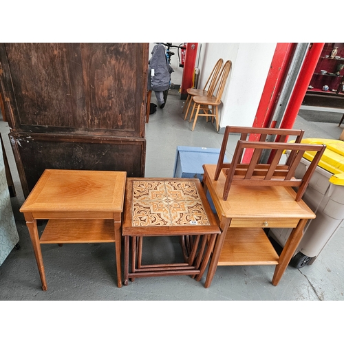 639 - A teak tiled top nest of tables, magazine rack and two side tables