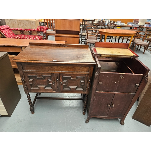 647 - An oak cabinet on barley twist supports together with a gramophone cabinet