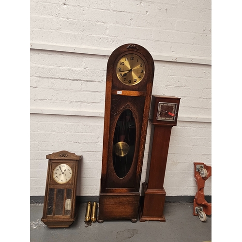 675 - A Vienna wall hanging clock, granddaughter clock and an oak cased grandfather clock with 2 weights a... 