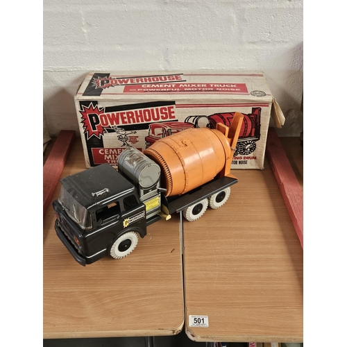 501 - A Marx Toys Powerhouse cement mixer truck with original box - approximately 50cm long