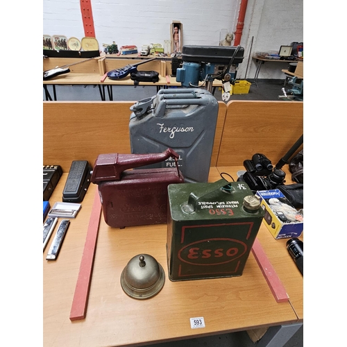 593 - Three vintage fuel cans and a brass shop bell