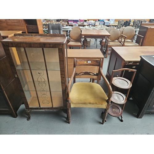 653 - A china cabinet, armchair and an inlaid cake stand