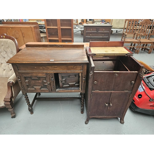 656 - An oak cabinet on barley twist supports together with a gramophone cabinet