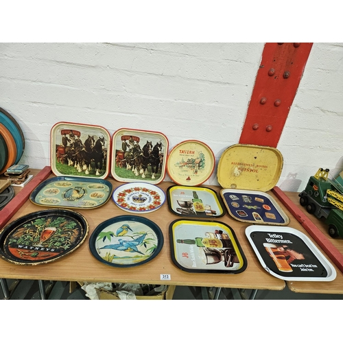 313 - Eleven vintage tin advertising and commemorative trays - Queens Silver Jubilee, J + B Whisky, Courag... 