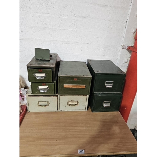 316 - Five metal single card index/filing cabinets with one wooden double card index/filing cabinet