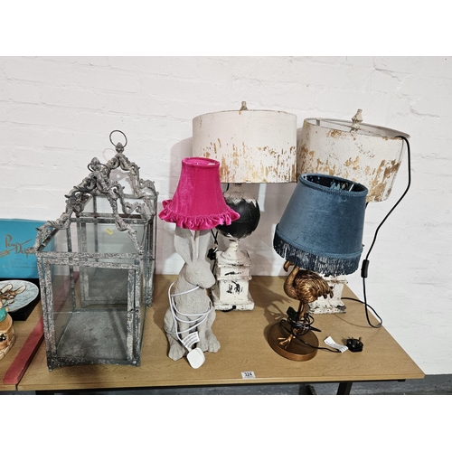 324 - Two metal lanterns, rabbit lamp, flamingo lamp, and another pair of lamps