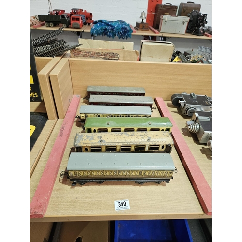 349 - Five early Hornby O gauge carriages - GWR, LMS, etc - in fair condition