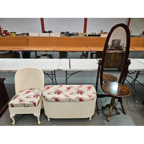 406 - A mahogany cheval mirror, side table, wicker ottoman and a Lloyd Loom style wicker chair