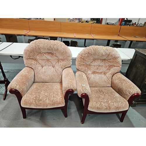 407 - A pair of wooden framed upholstered armchairs

Measurements: Height 94cm, Width 88cm, Depth 78cm