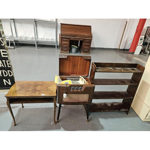 420 - A walnut side table, oak bookcase and a Dynatron gramophone with a Garrard turntable