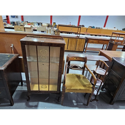 436 - A china cabinet, armchair and an inlaid cake stand