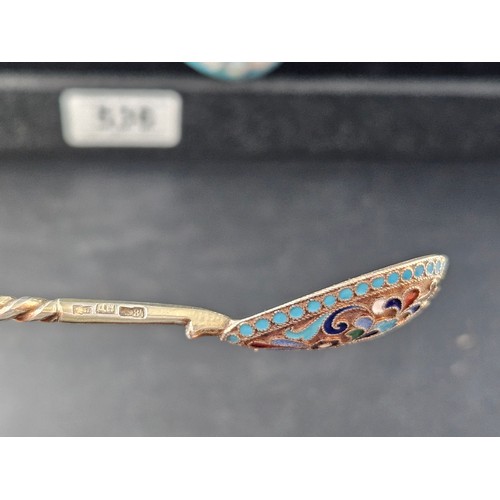 536 - 3 Russian silver cloisonne enamel spoons - a large table spoon, a medium sized dessert spoon and a t... 