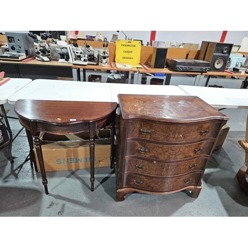 403 - A bow fronted chest of drawers together with a mahogany hall table