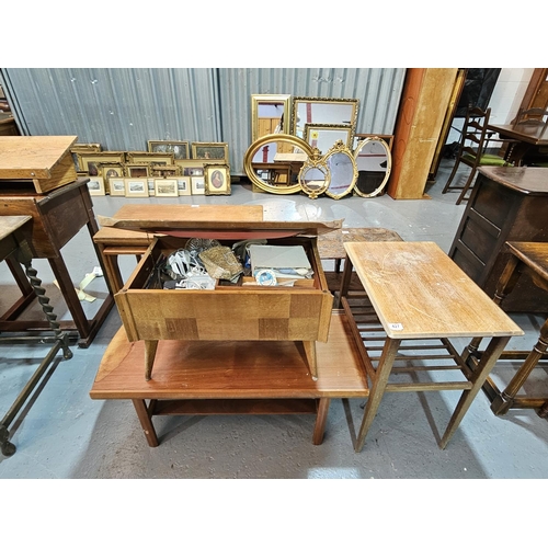 427 - A teak coffee table, side table and a sewing box with contents