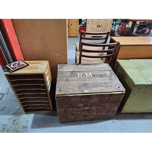 434 - A wooden crate stamped R & M together with a wooden letter filing cabinet