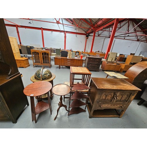 444 - A wine table, circular side table, corner shelf and an oak cabinet