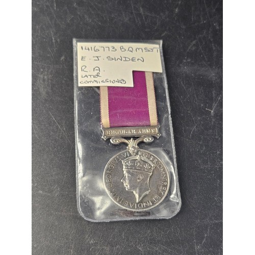 523 - A long service Military medal awarded to 1416773 B.Q.M. Sjt. E.J. Sinden - R.A. - he was later commi... 