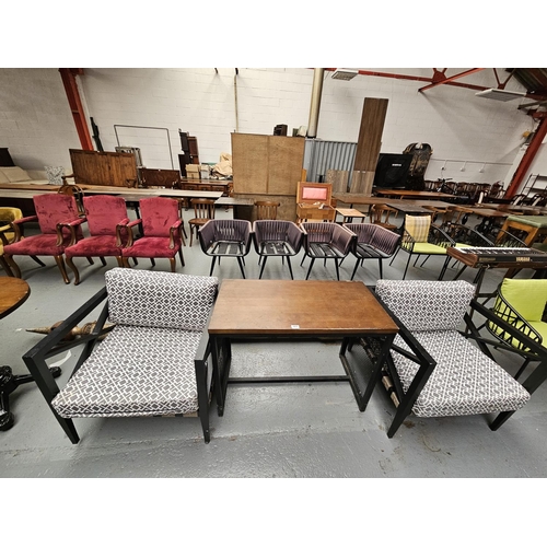 405 - Two metal frame armchairs together with a metal base wooden top desk