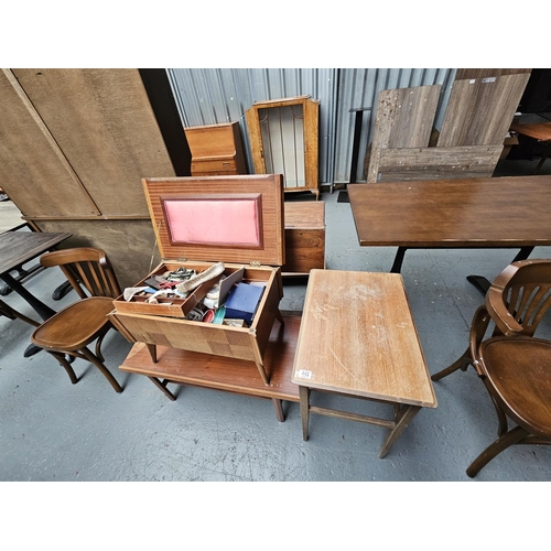 443 - A teak coffee table, side table and a sewing box with contents