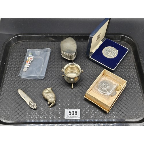 508 - A Prince of Wales 1969 boxed silver Investiture medal, silver trinket box, continental silver charms... 