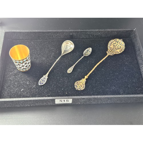 515 - Two Plique-A-Jour spoons together with a David Anderson silver and enamel spoon and an enamel spirit... 