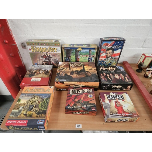 300 - A collection of board games to include Kemet, Blitzkrieg, Kingmaker, Lincoln, and Firefly