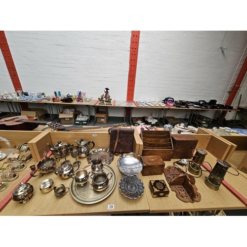 336 - Two Miners Lamps, tea caddy, Silver plated tea set and other wooden and metalware items