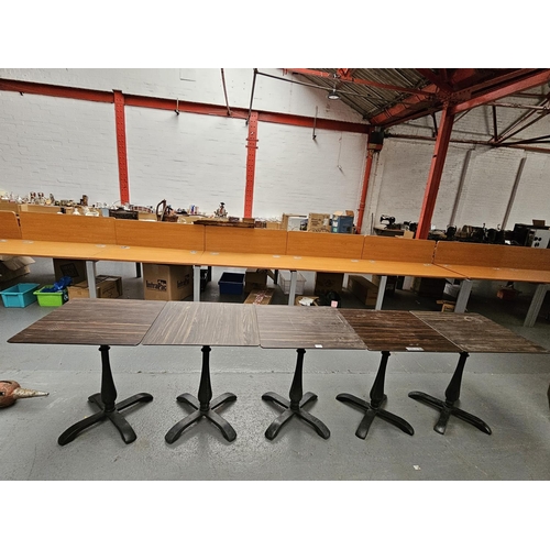 405 - Five modern pub/bistro tables with cast iron bases and square wooden tops