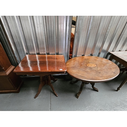 443 - A mahogany inlaid tilt top table together with an oak side table