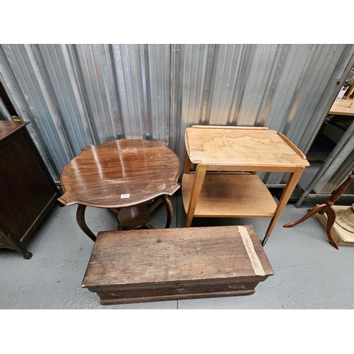 445 - A hostess/drinks trolley, mahogany side table and a carpenters tool box with contents