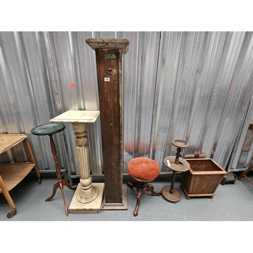 446 - Two podiums, plant stand with marble top, oak smokers stand, stool, etc