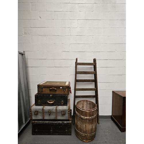 448 - Four travelling trunks, wooden barrel and a wooden step ladder