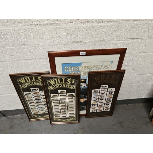 469 - 3 framed Will's cigarette cards to include trains, cars and butterflies together with a Cheltenham F... 