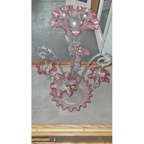 474 - A Victorian clear and cranberry glass epergne - five flutes